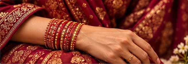 Hand adorned with handcrafted EVIKA red and gold bangles